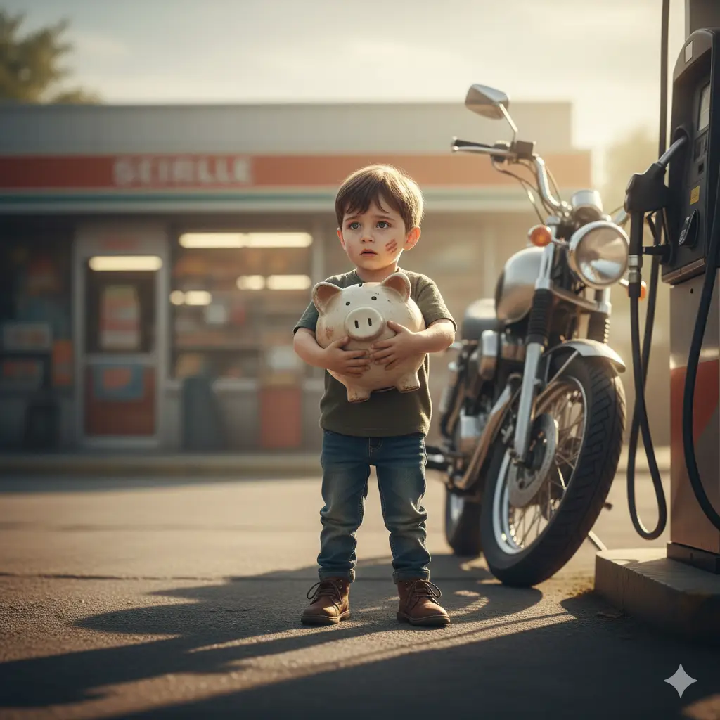 A small boy holding a worn piggy bank near a motorcycle at a quiet roadside gas station.