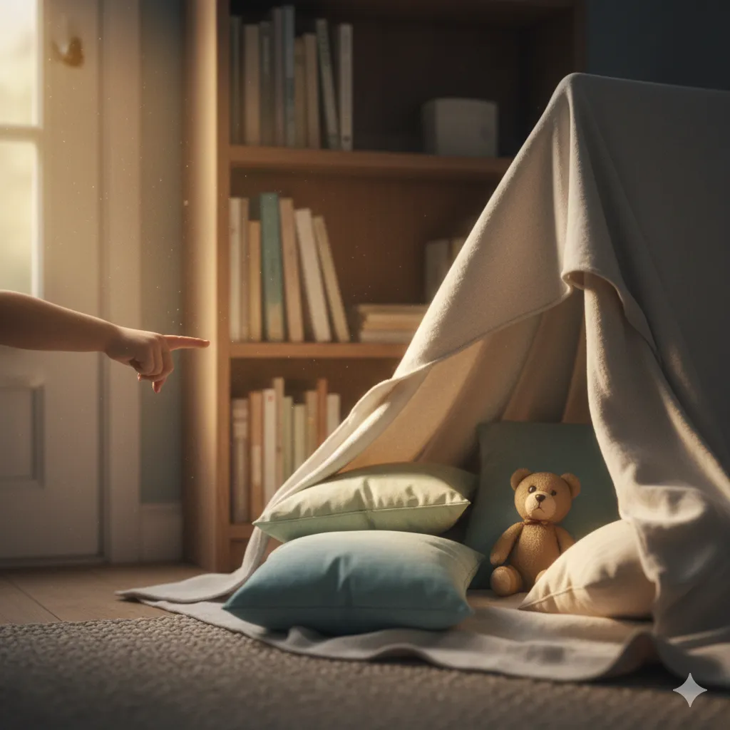 A soft-lit hidden corner with pillows and a stuffed toy, representing a child’s safe quiet space.
