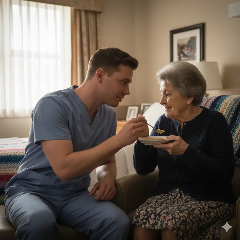A warm, intimate image of the grandson in caregiver scrubs gently assisting an elderly resident, showing genuine kindness.