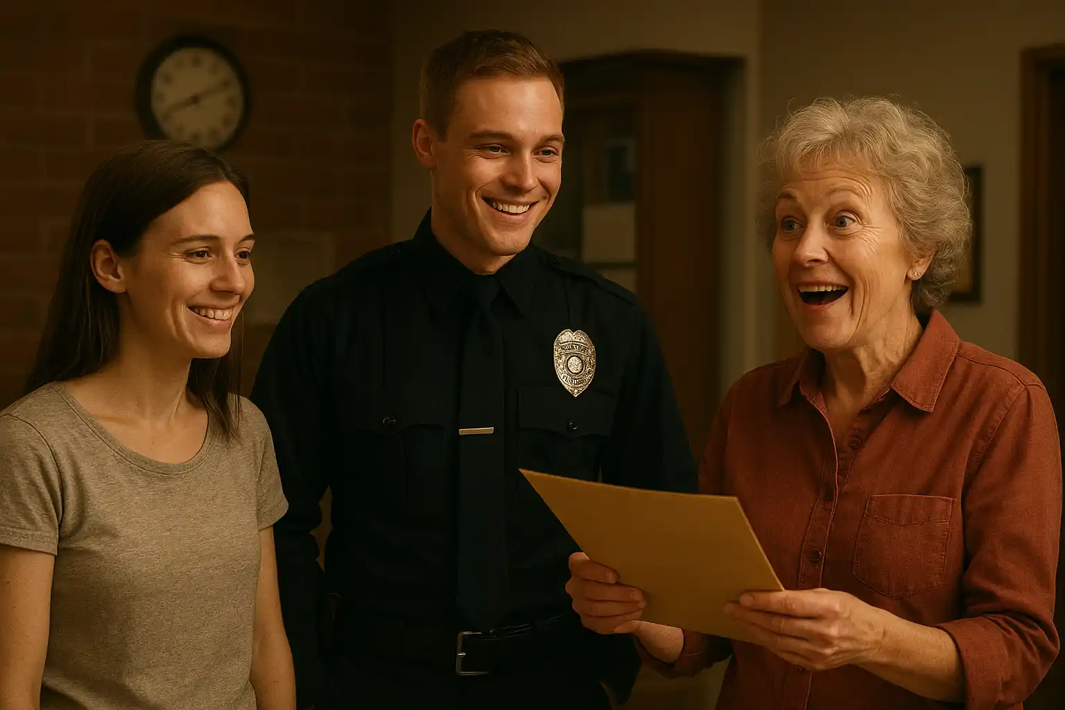 A warm scene in a police station with the now healthy woman, a police officer, and the bakery owner holding an envelope.