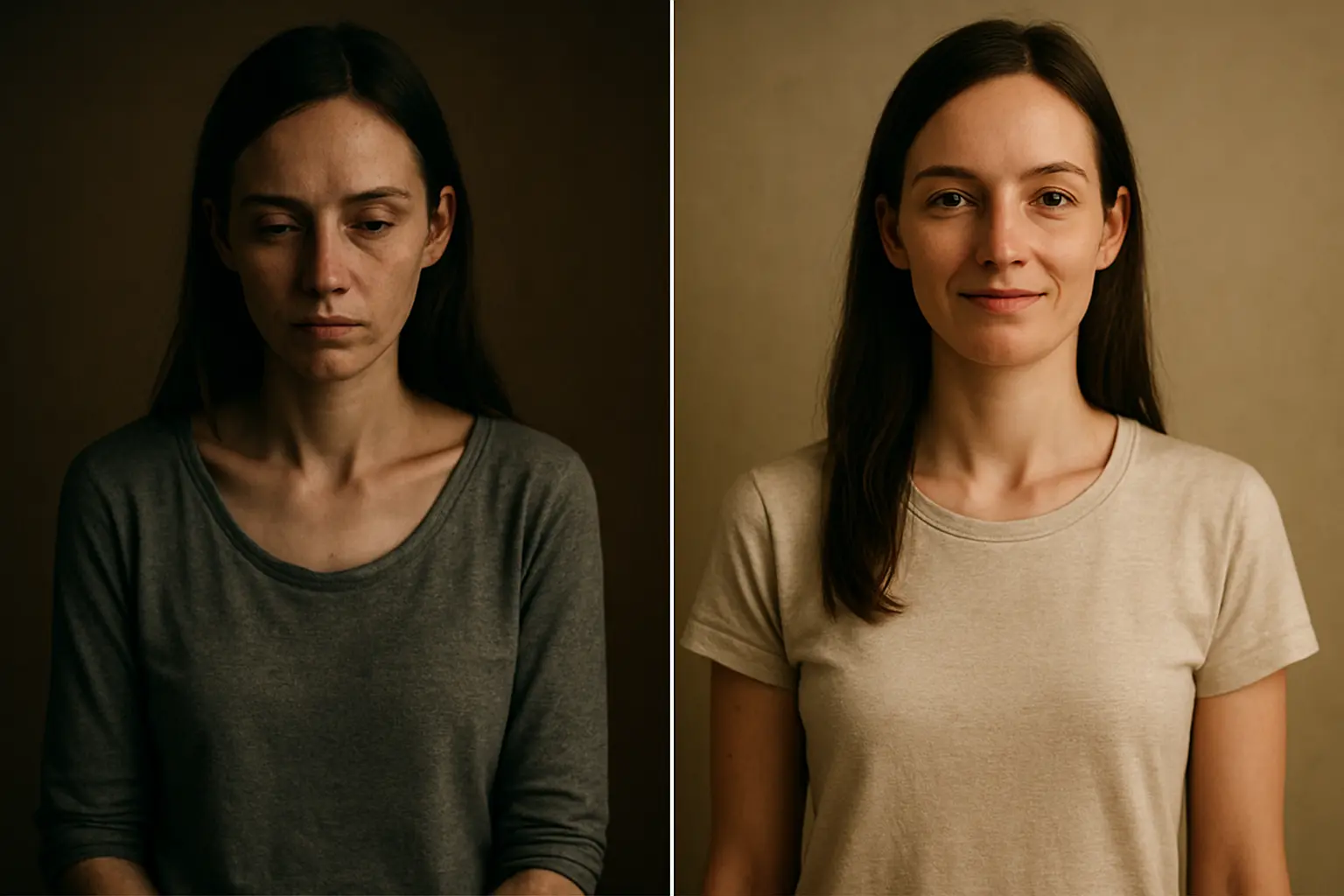 A split image showing the woman looking gaunt and then healthier, symbolizing her recovery.