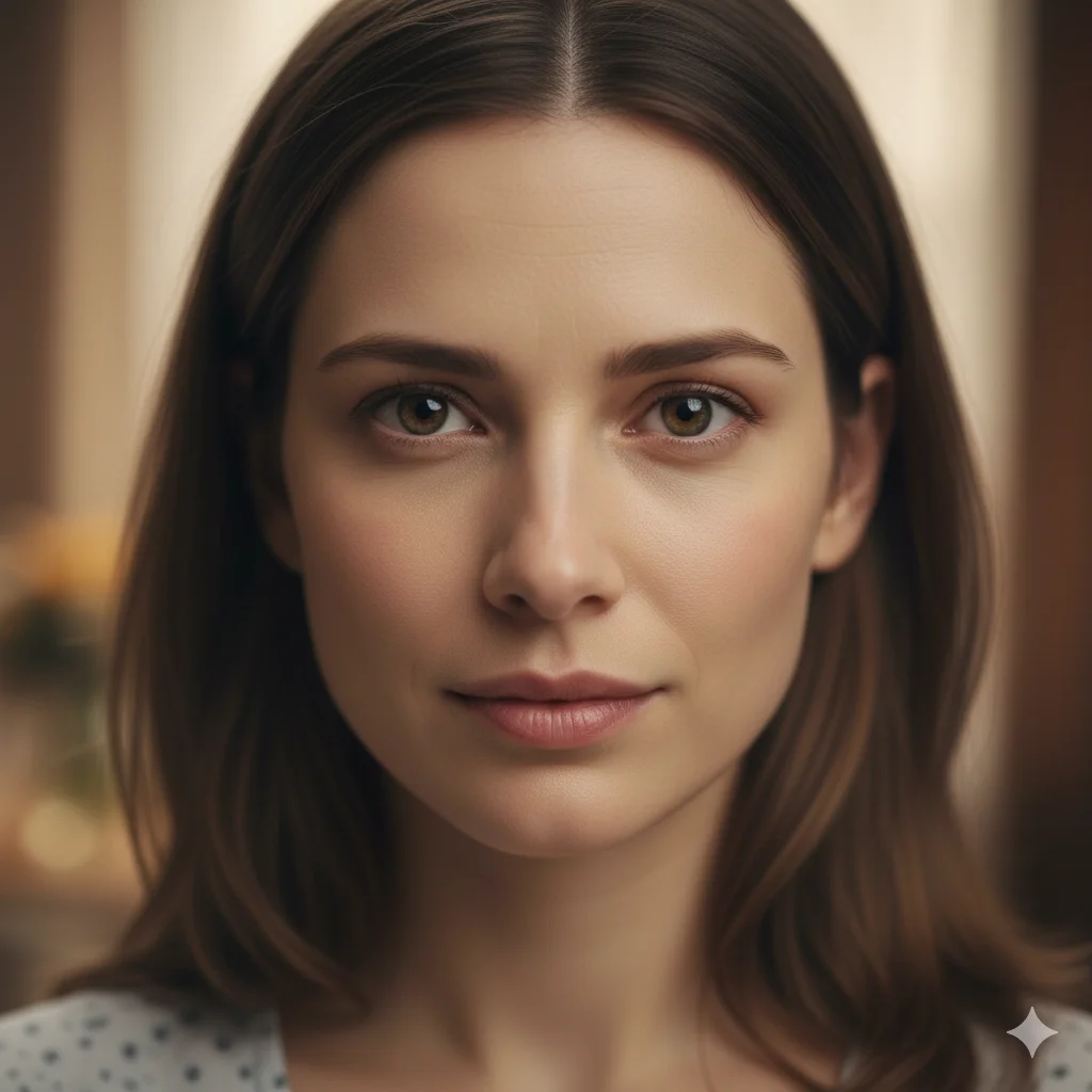 A close-up, intense portrait of the protagonist with a calm, vindicated, quiet smile.