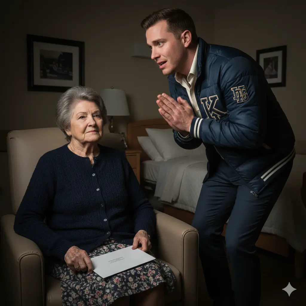 Inside a nursing home, an elderly woman sits with an envelope while a younger man stands over her, eager and anxious.