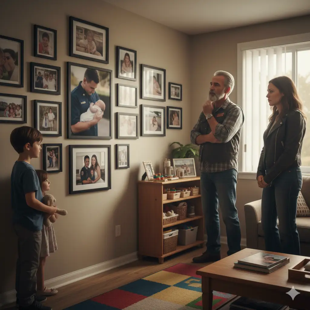 Bikers stand quietly in front of a family photo wall featuring a service member in uniform.