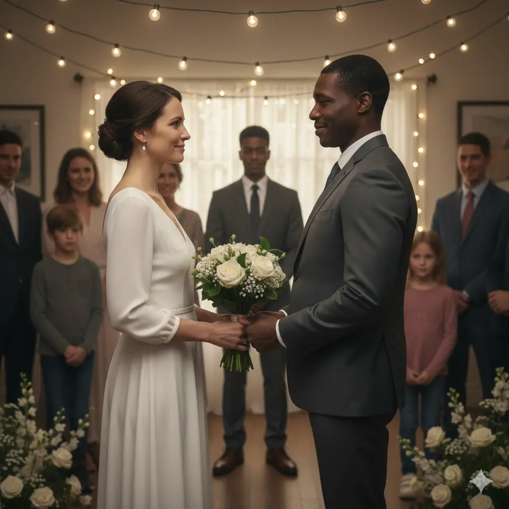 An intimate wedding ceremony with soft lights and a couple holding hands.