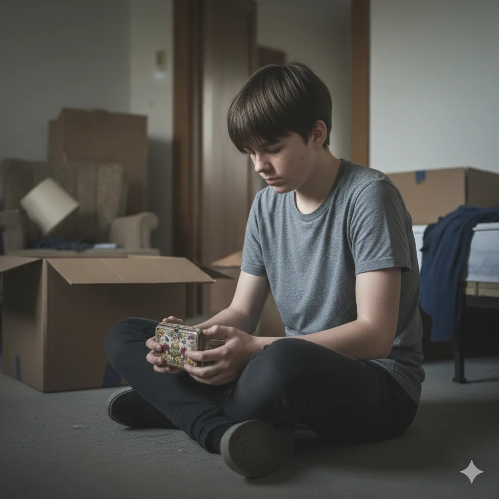 A young person sitting alone in an apartment, holding the jewelry box and looking conflicted.