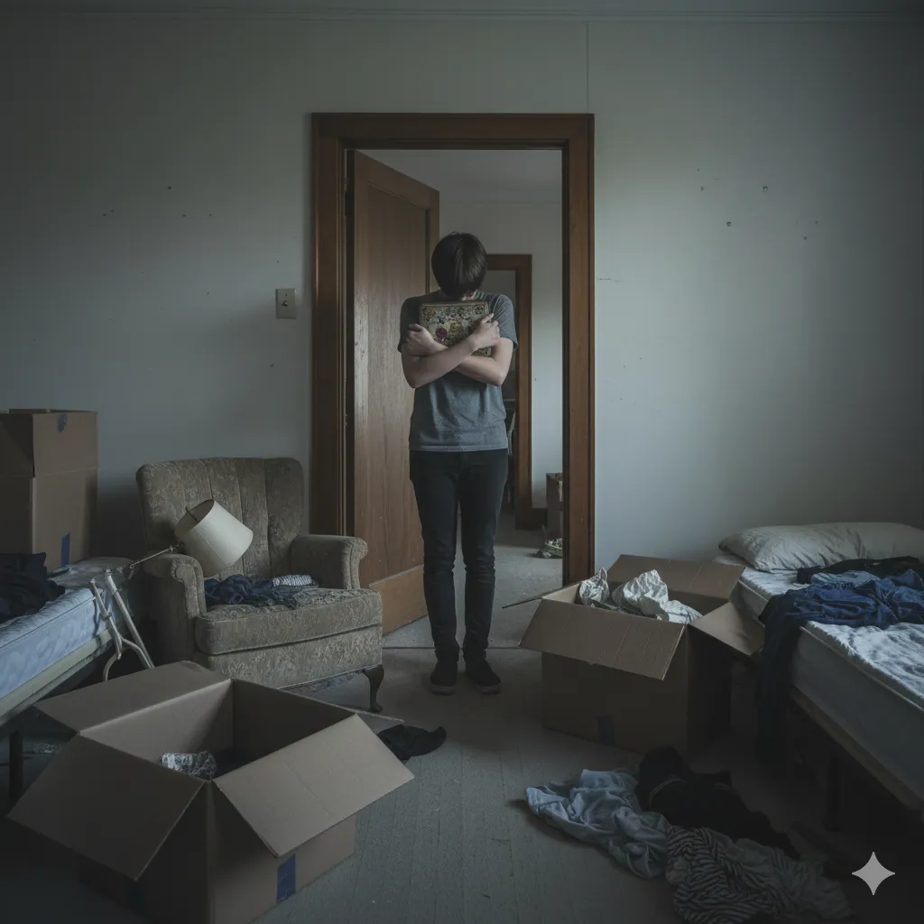 A young person standing in a messy doorway, holding a small tin jewelry box protectively.