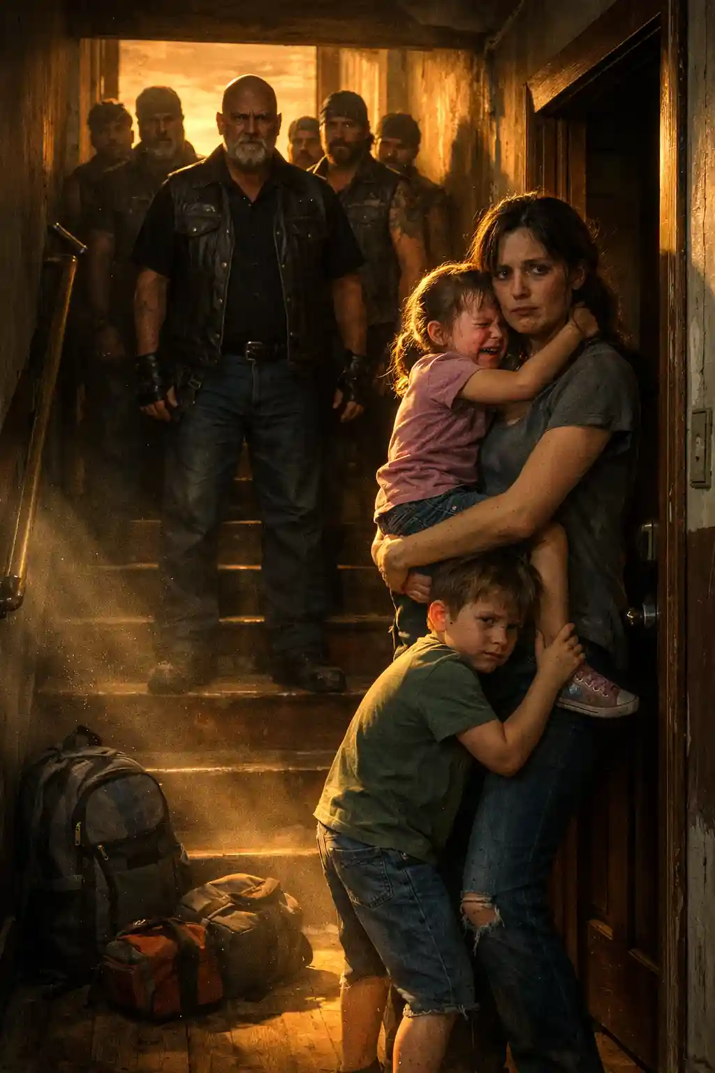 A mother stands in a doorway with two children while a group of bikers fills the hallway.