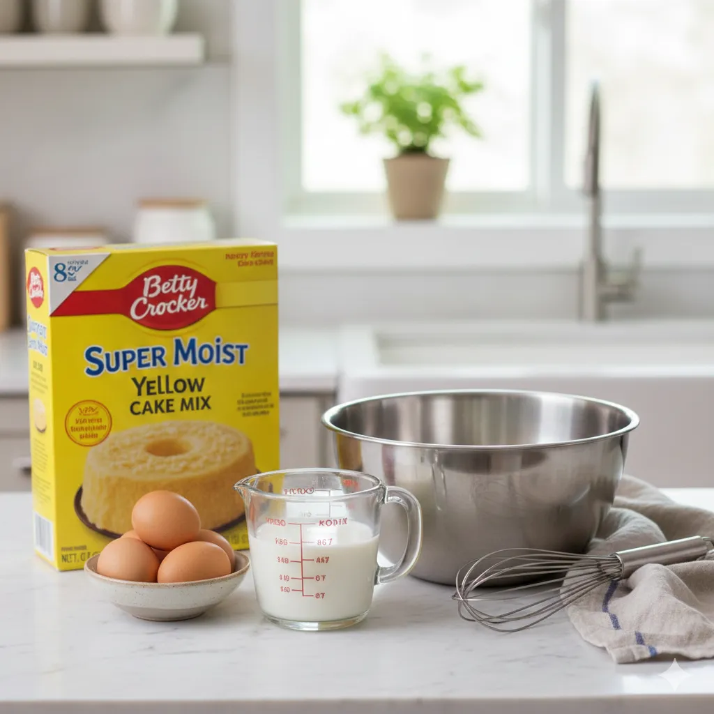 Cake mix, eggs, and milk on a kitchen counter with a bowl and whisk.