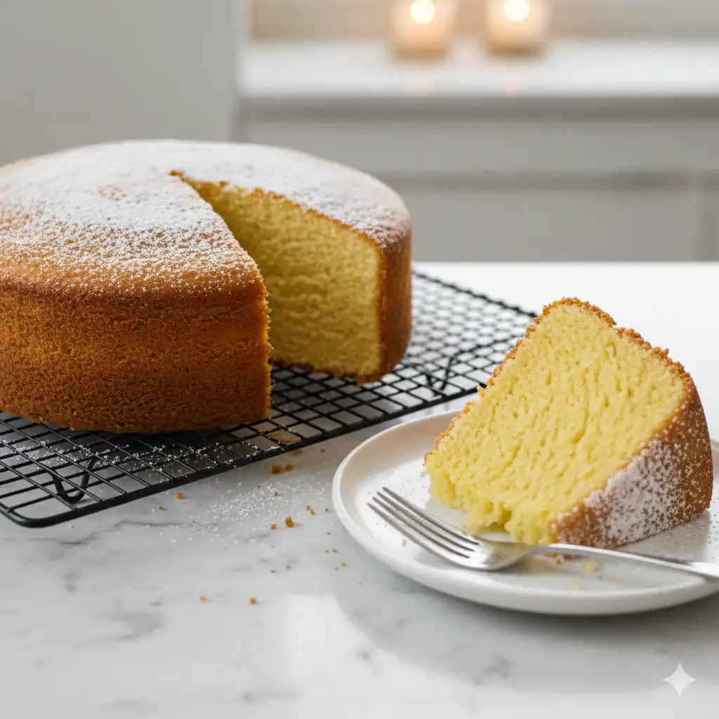 A baked cake with a slice removed, showing a fluffy crumb and powdered sugar on top.