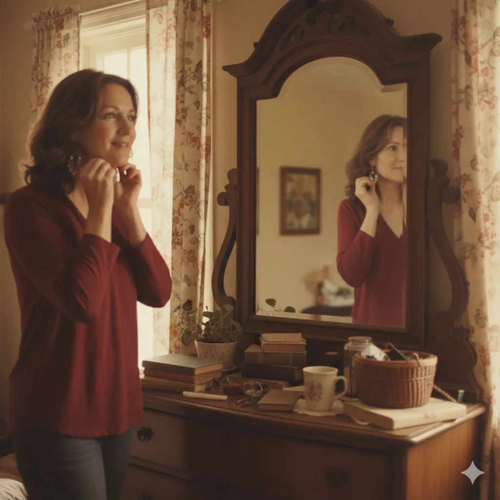 A woman in front of a mirror, clipping on a pair of simple earrings with quiet pride.