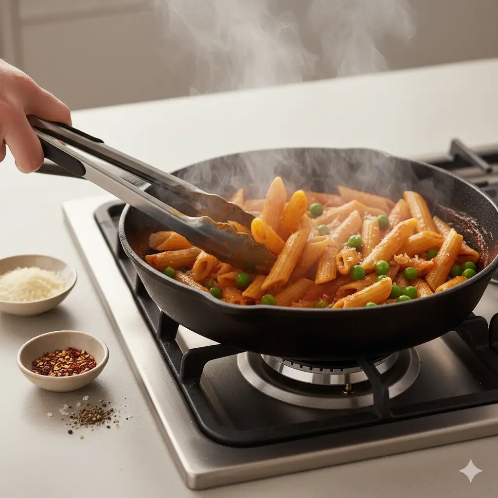 Pasta being tossed in a skillet with peas and tomato sauce