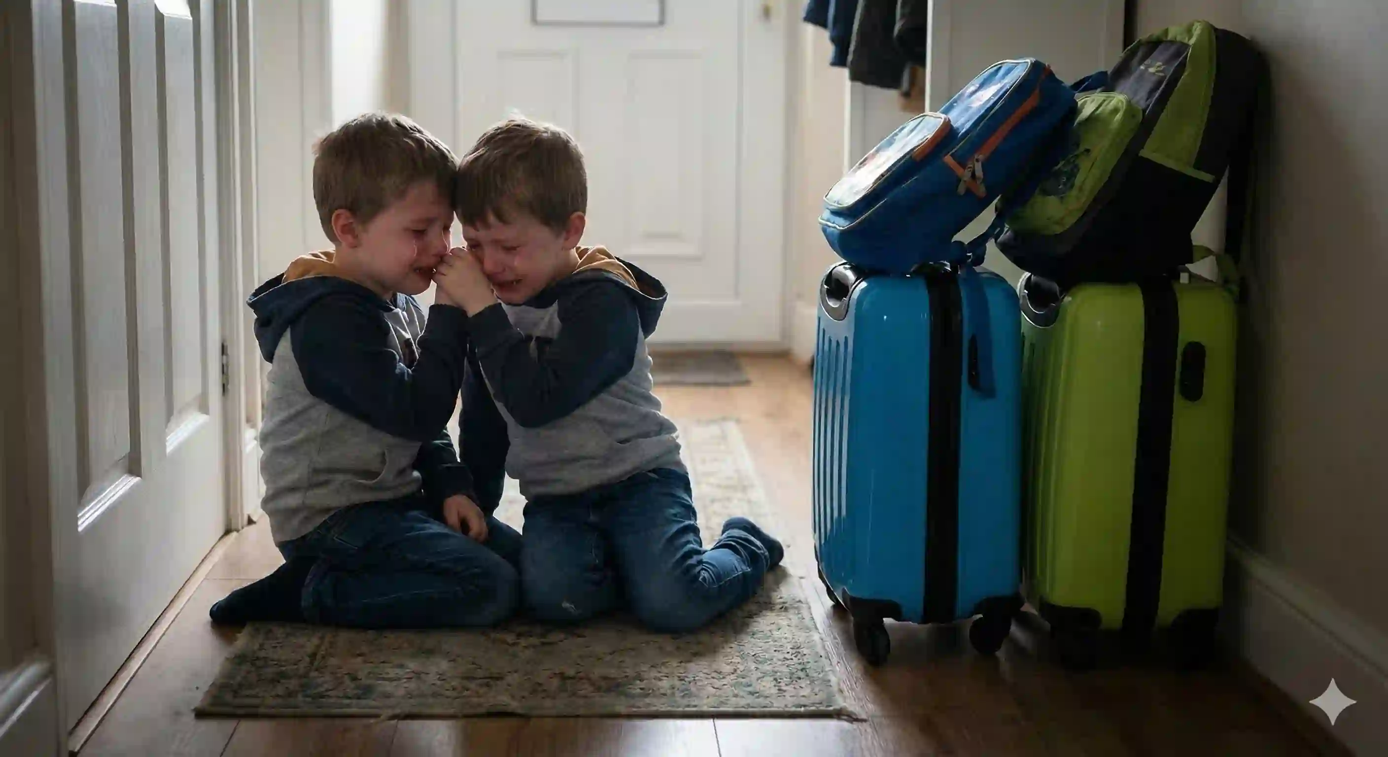 Two identical young twin boys, around 6, sobbing and terrified in a hallway next to small, packed blue and green suitcases.