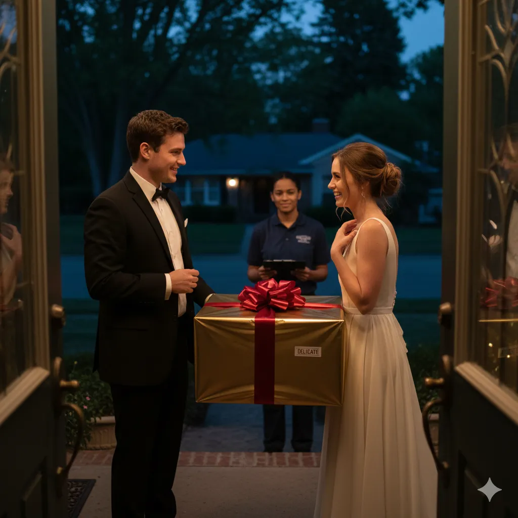 A large wrapped gift box at a front door, newlyweds nearby, a delivery person holding a clipboard.