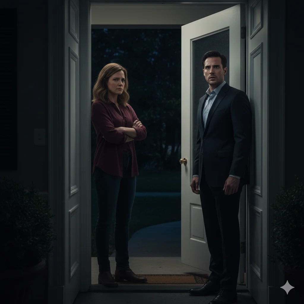 Two women (Lena and Marissa) standing on a porch confronting a panicked man (Ethan) who is standing just inside the doorway. The tension is palpable.