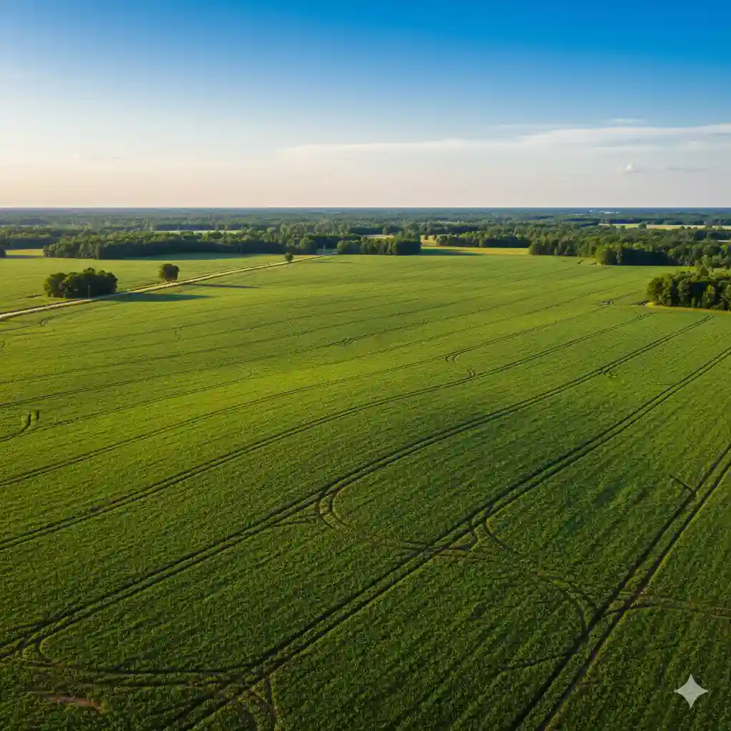 Vast peanut fields under a sunny sky.