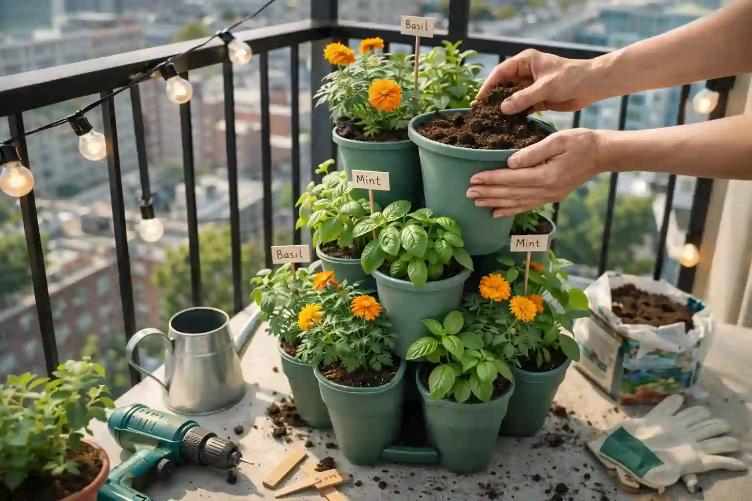 Plastic plant pots stacked into a vertical garden on a small balcony.