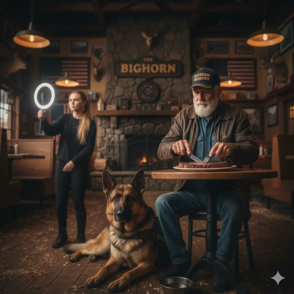 Close up of an elderly veteran cutting steak for his service dog