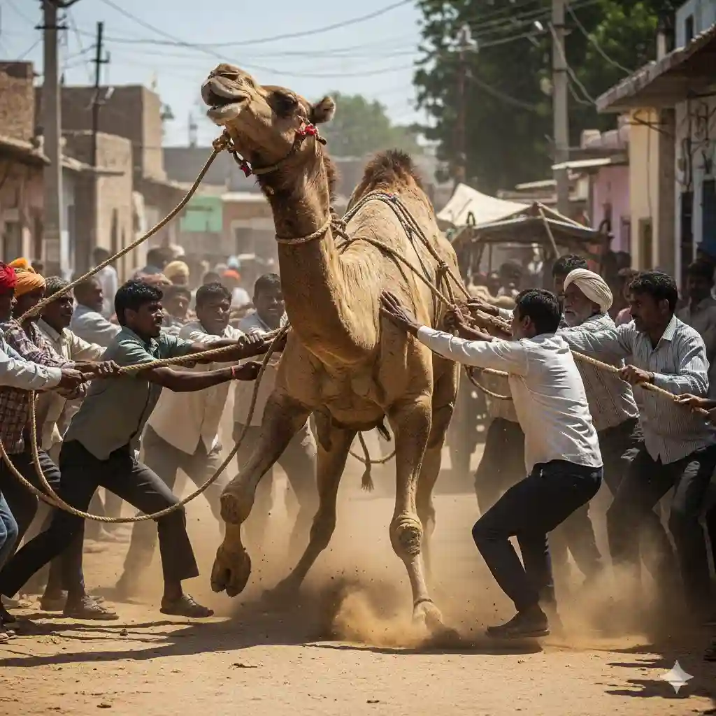 A chaotic, action-filled scene in an Indian village. Many people are attempting to use ropes and coordinated effort to physically restrain a large, enraged camel that is thrashing violently.
