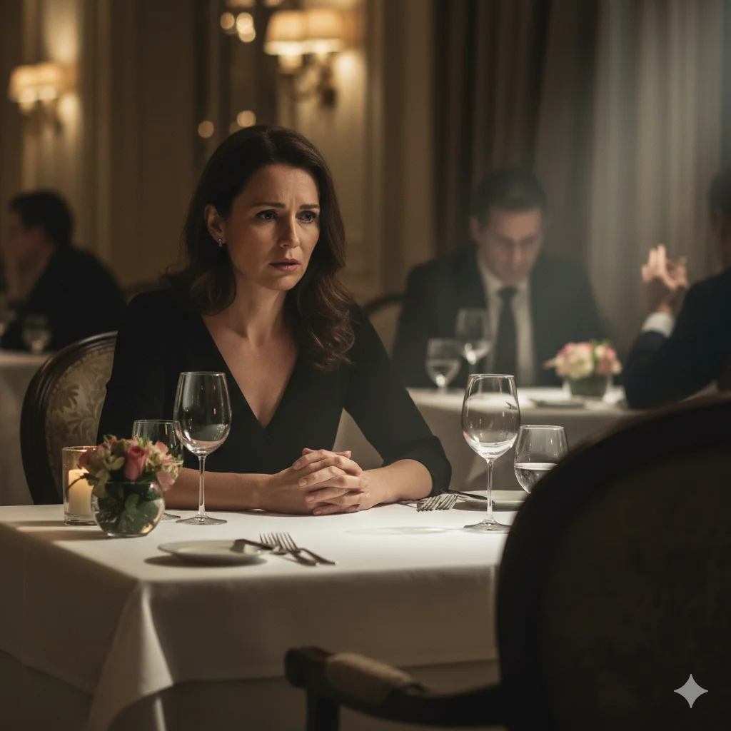 A woman sitting alone at a fancy restaurant table looking worried at the empty chair.