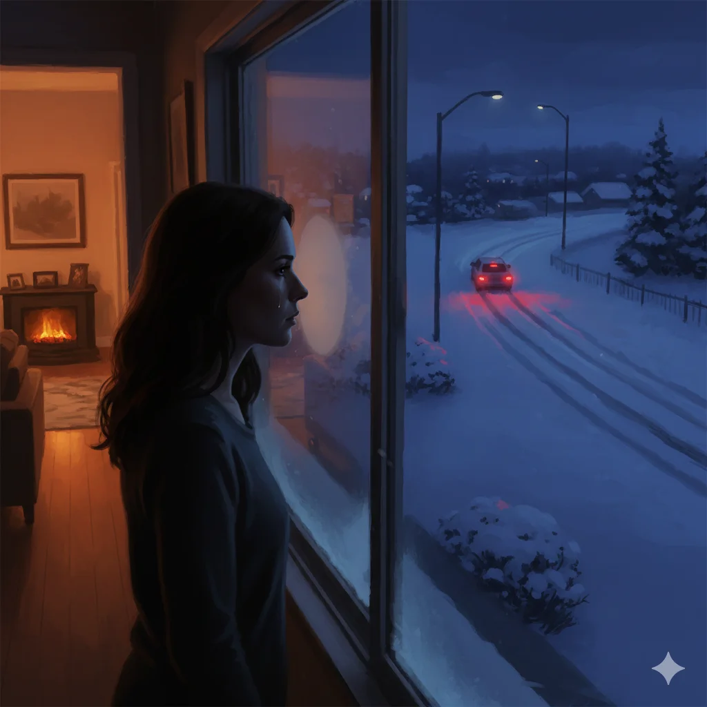 A woman waiting at a frosty window