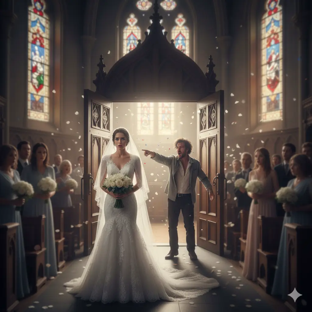 A dramatic image of a wedding ceremony interrupted by a disheveled man bursting through doors, pointing at the bride.