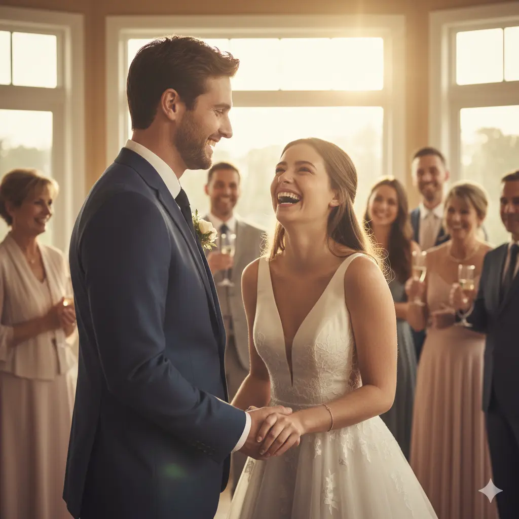 A beautiful photo of the bride and groom laughing joyfully during their wedding reception.