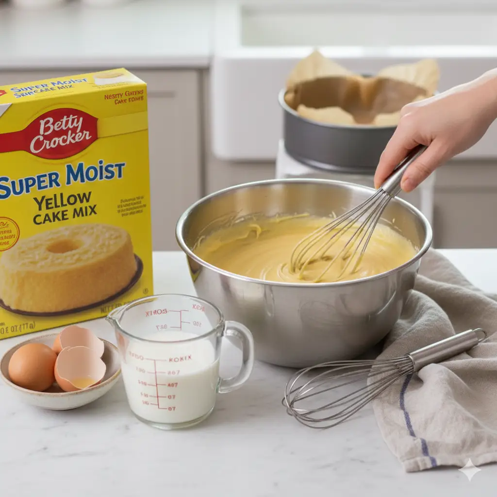 Overhead view of cake batter being whisked smooth in a bowl.