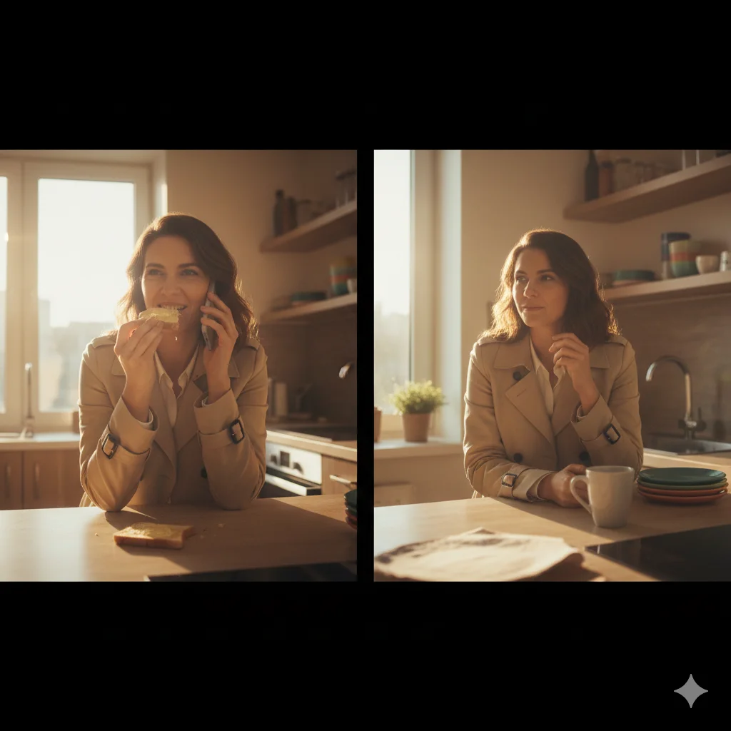 Woman smiling while eating toast and talking on the phone in a sunny kitchen
