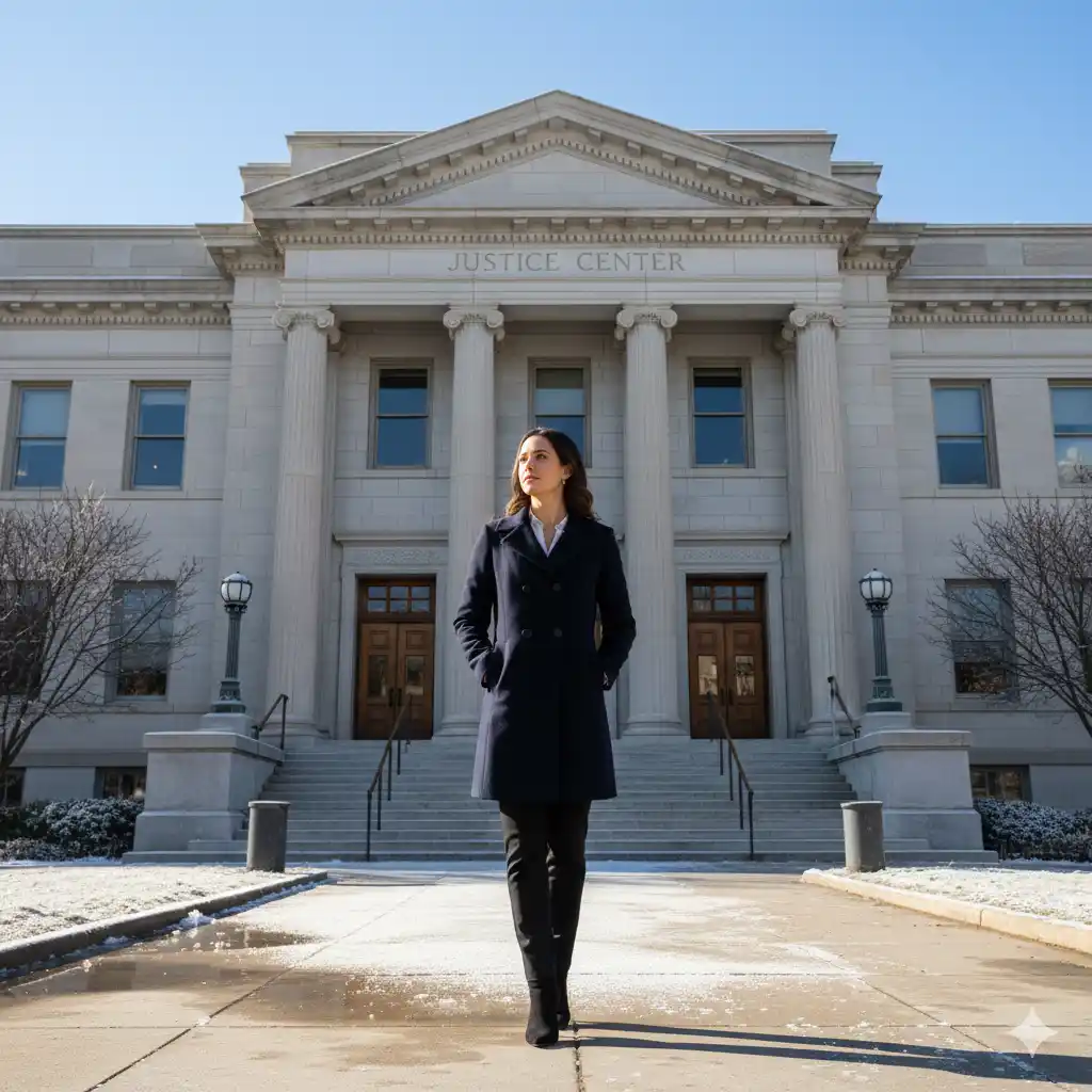 A woman in professional attire walking with quiet determination into a large, formal courthouse on a cold morning.