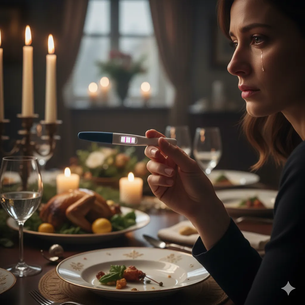 A woman's hand holding a positive pregnancy test (two lines) over a formally set dinner table with candles and food. The mood is sad but resolved.