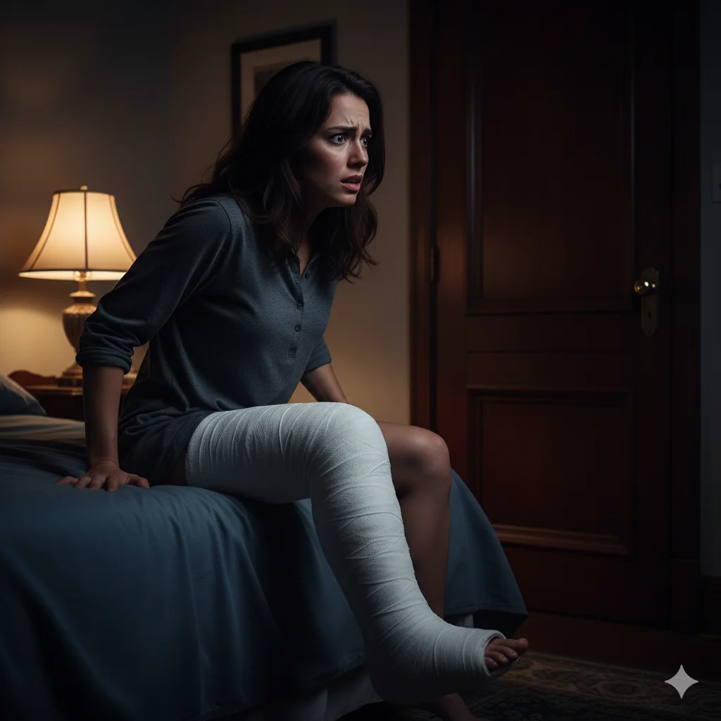 A woman in a leg cast looking terrified at a closed door