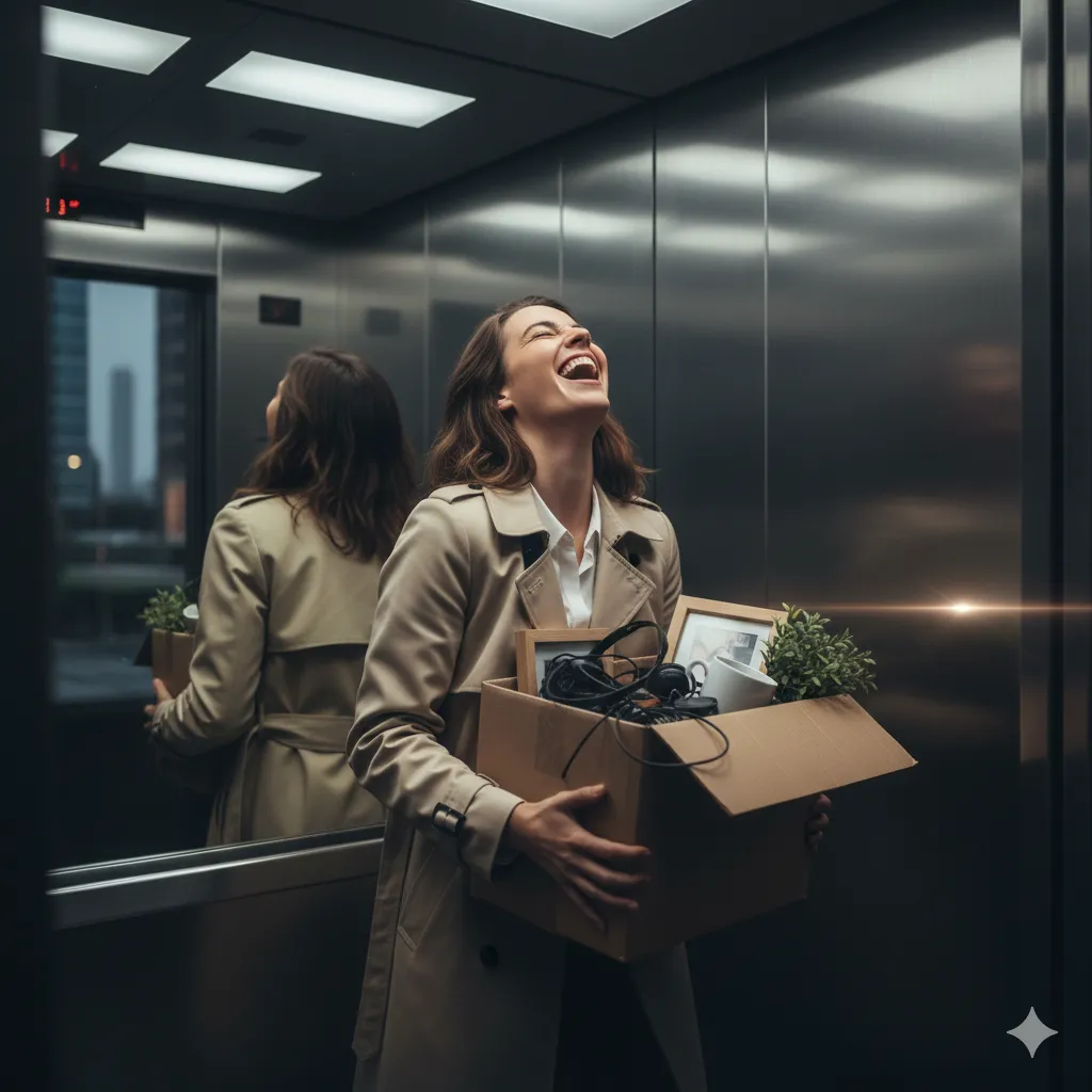 A woman laughing joyfully inside an elevator after a meeting