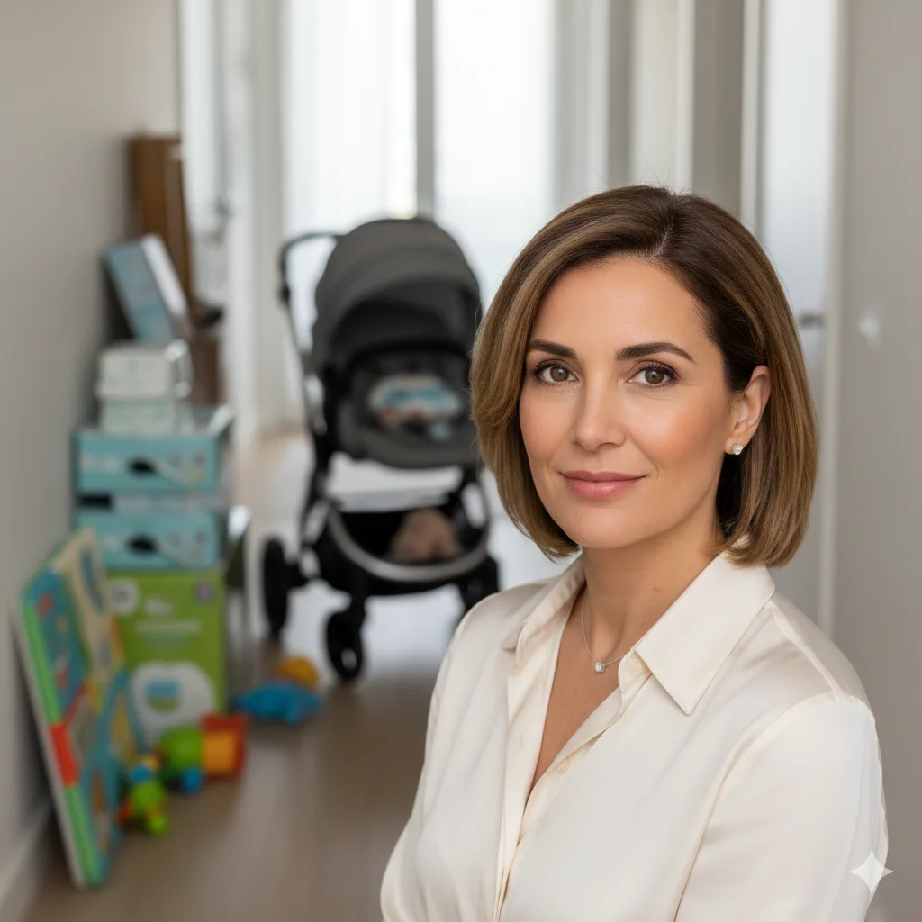 A woman looking contemplative with baby gear in the background