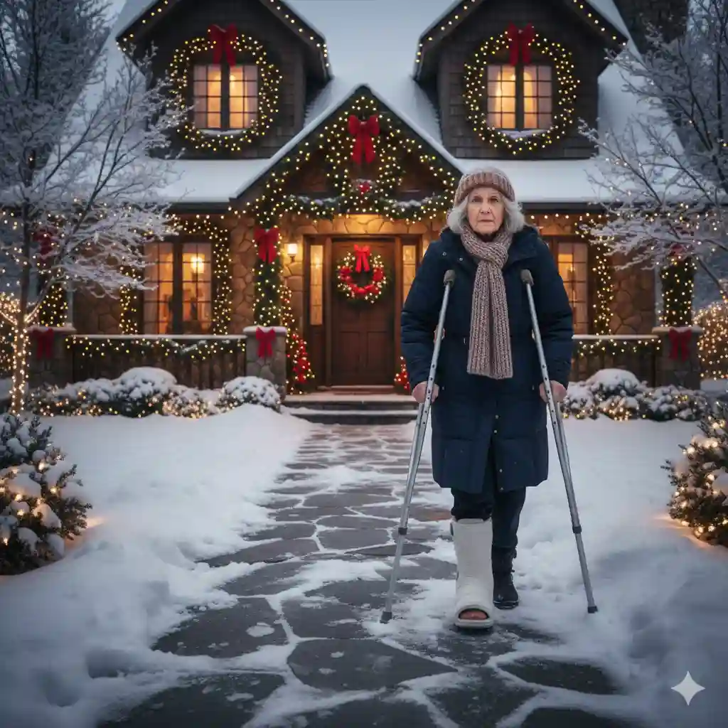 A woman with a cast on her foot, using crutches, approaching a house decorated with twinkling Christmas lights in the snow. Her expression is determined.