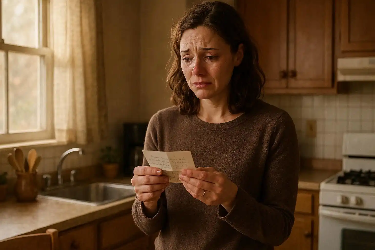 A woman standing in her kitchen, holding a handwritten note with tears in her eyes, after a repairman has left.