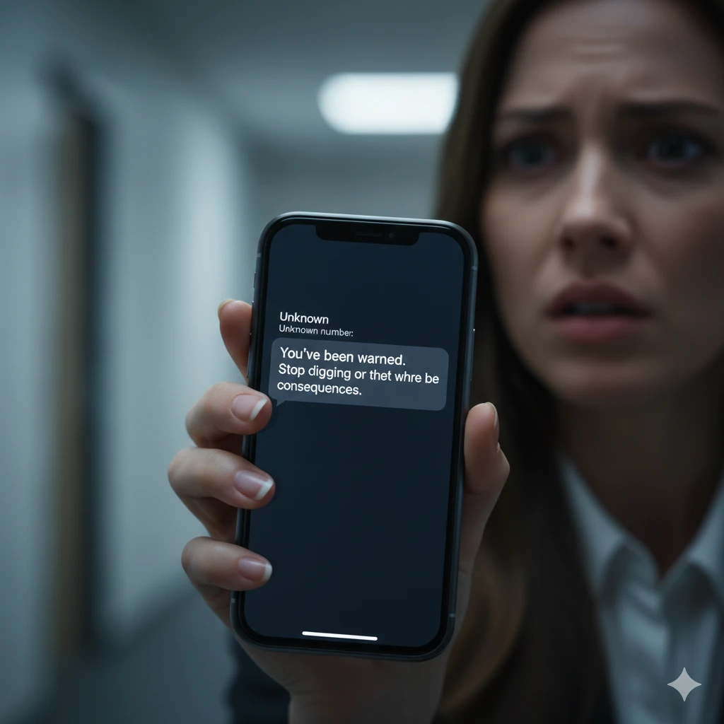 A close-up of a woman's trembling hand holding a smartphone, displaying a threatening text message from an unknown number.