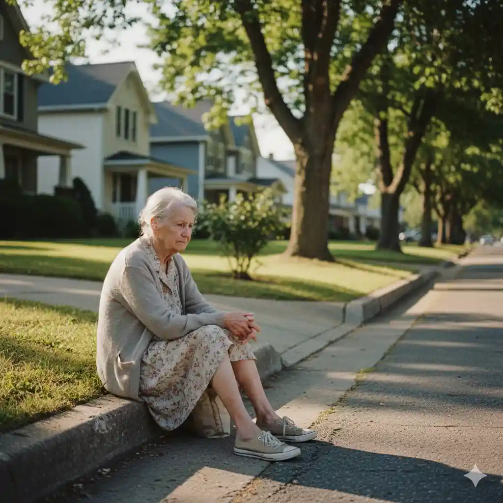 An old woman with worn but clean clothes sitting quietly and alone on a sidewalk curb on an ordinary suburban street lined with trees and houses.