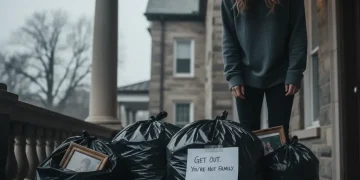 woman-standing-by-trash-bags-with-note