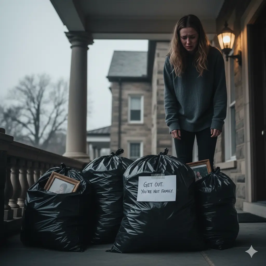 A distraught woman (Ava) standing on a porch next to several trash bags filled with personal belongings, with a cruel handwritten note taped to one bag.