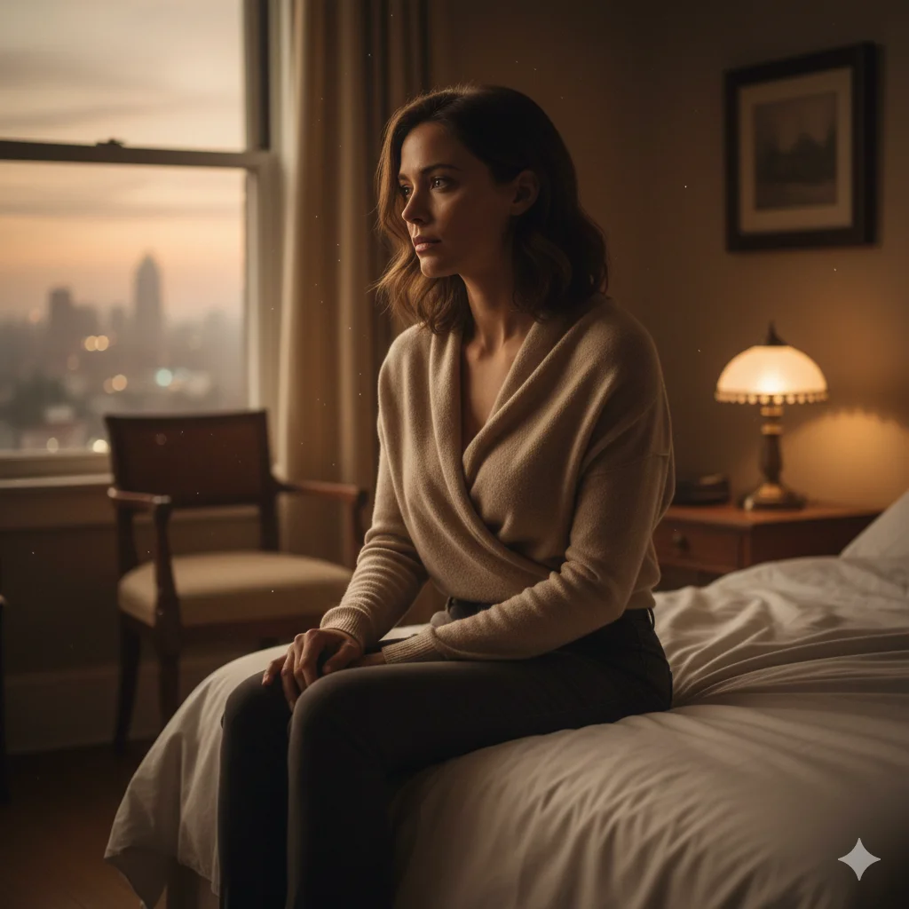 A women sitting but looking emotionally distant