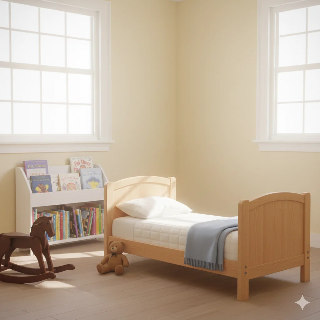 A warm, sunlit bedroom painted soft yellow, with a small, beautifully sanded wooden bed and a bookshelf filled with classic children's books.