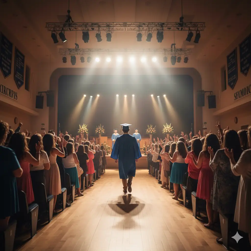 A young man crossing the graduation stage under bright lights