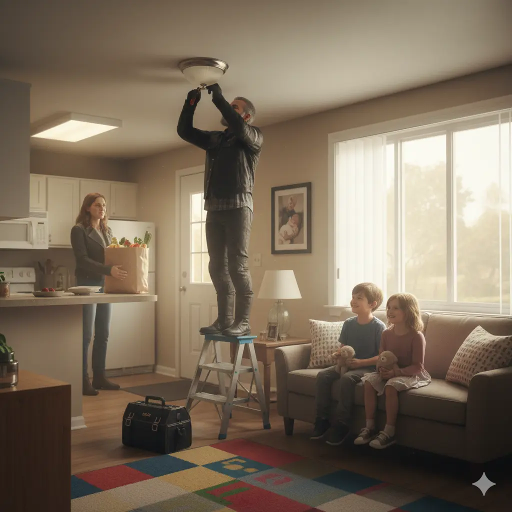 A biker kneels to pin an emblem on a boy's shirt while his mother watches, emotional and relieved.