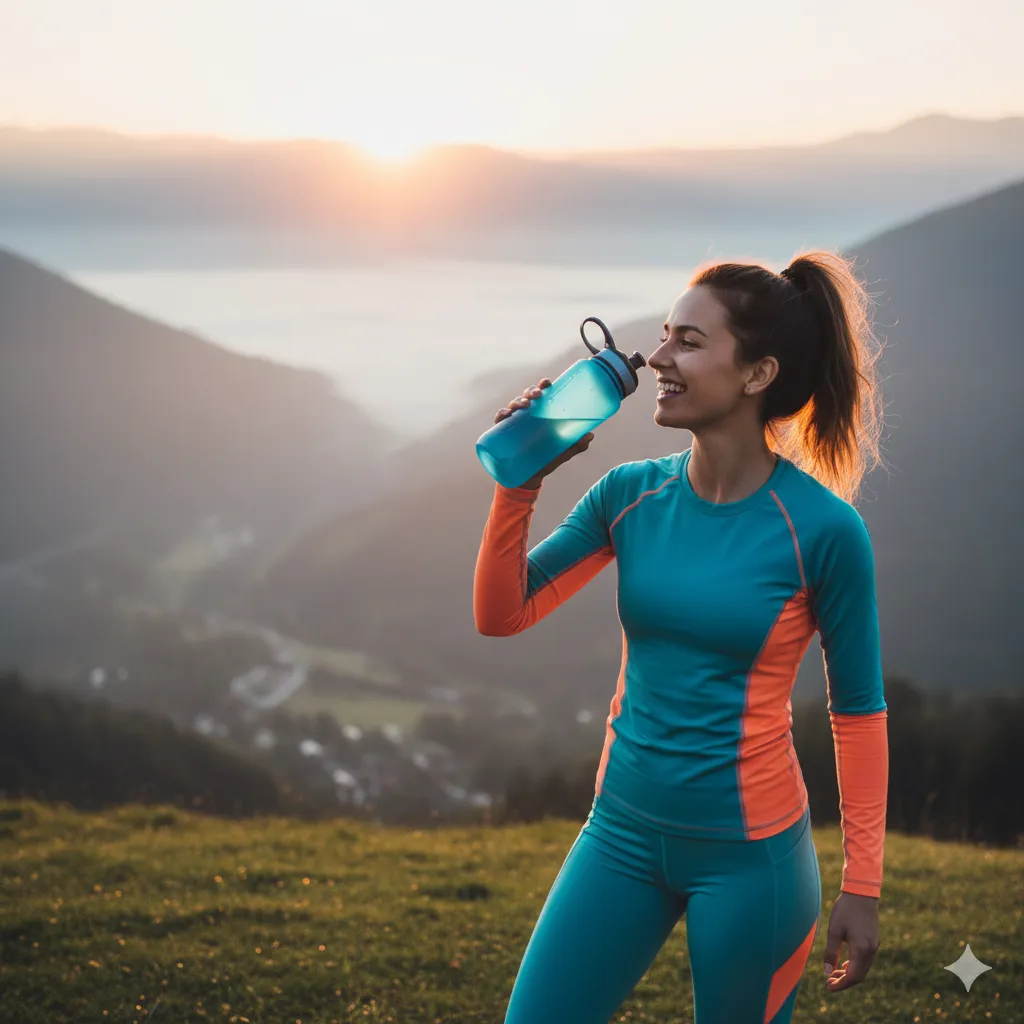 A woman in activewear drinking water during a beautiful sunrise.
