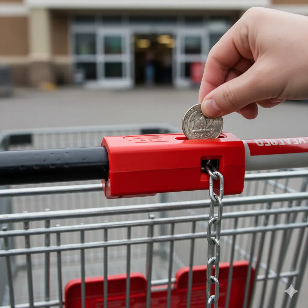 A close-up of a hand inserting a quarter into an Aldi cart slot.