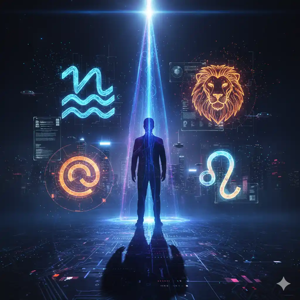 Abstract digital spotlight on a person's silhouette with tech symbols