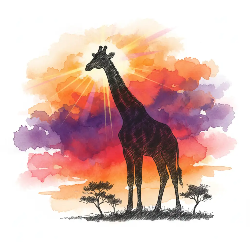 Artistic sketch of a giraffe standing tall against a sunset