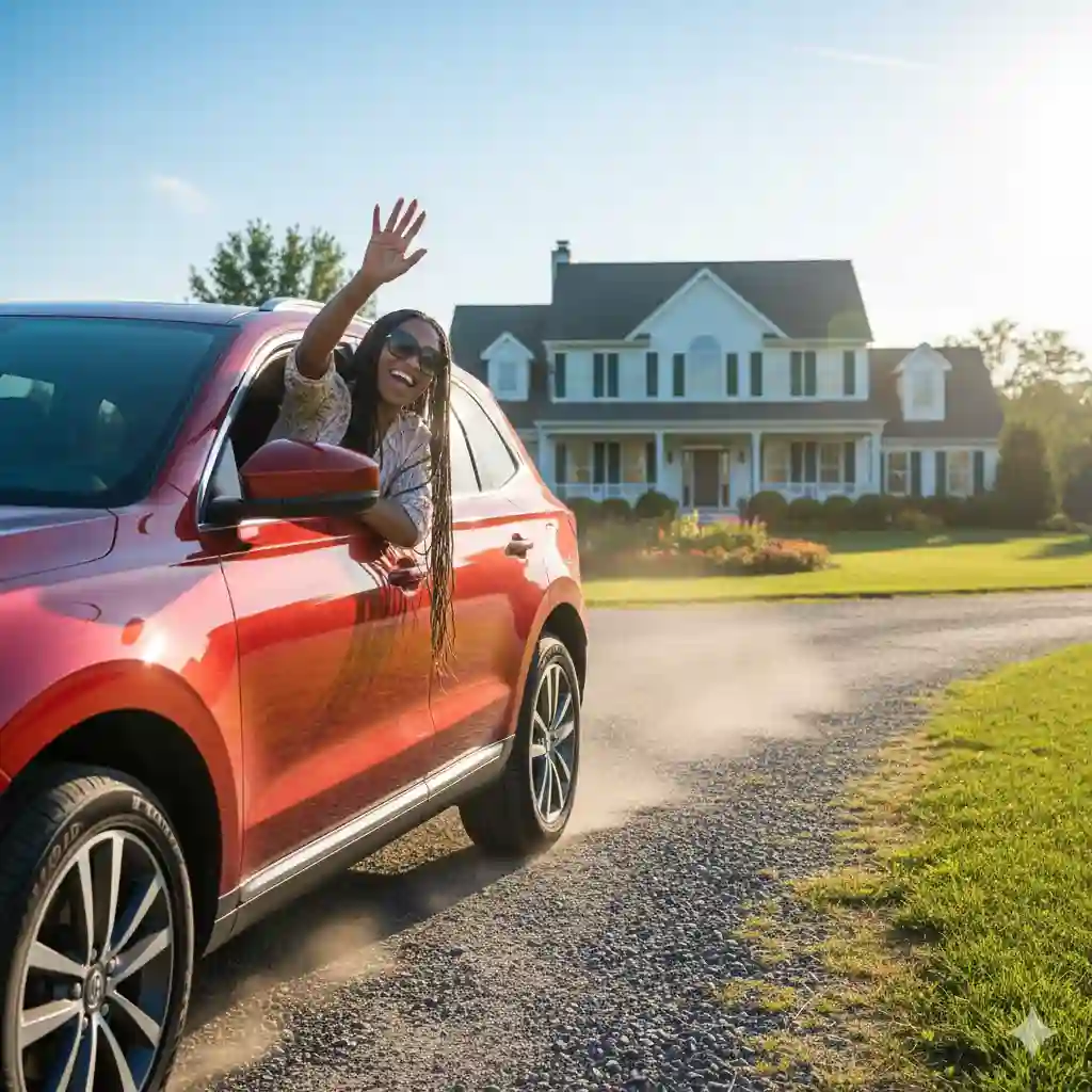 The Savior Arrives Aunt Carla stepping out of a red SUV