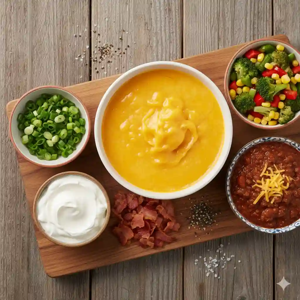 A vibrant collage of various baked potato toppings